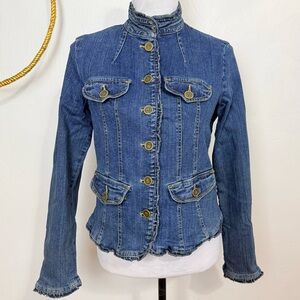 Vintage cowgirl Ruffle Military collarless denim jean 80’s jacket size small